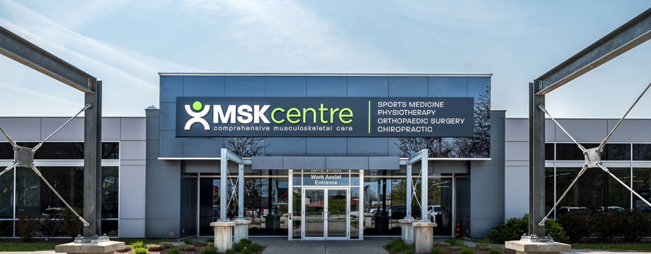 MSK Centre building exterior in Waterloo with storefront signage for sports medicine, physiotherapy, orthopaedic surgery and chiropractic